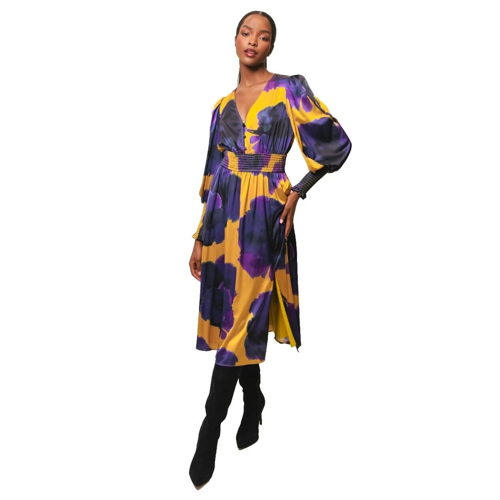 Hutch Oakland Balloon Midi Dress Womens L Vibrant Floral Boho Smocked Maximalism